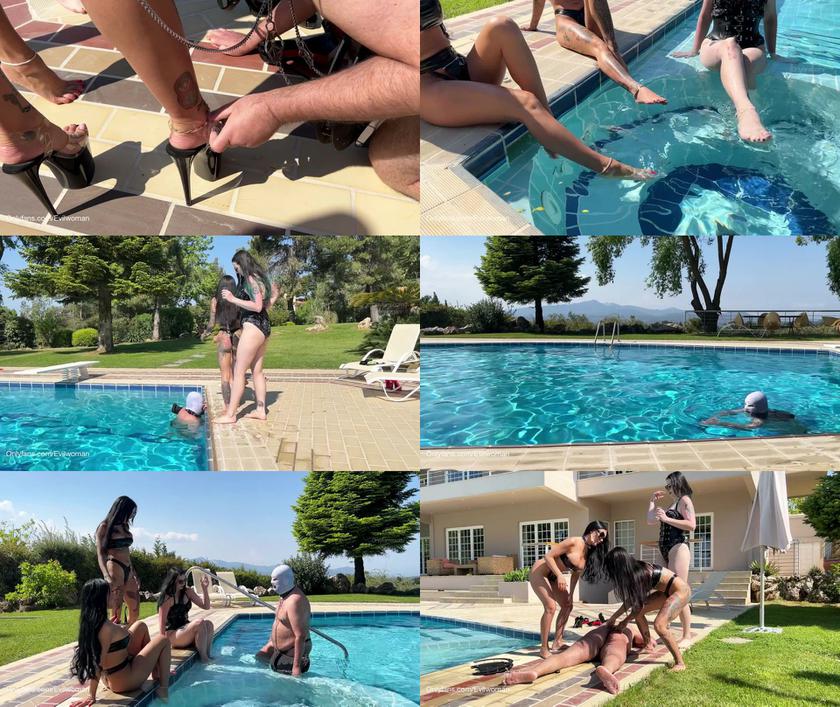 Evil Woman: Using House Slave By 3 Dommes On The Pool 2022 HD Evil Woman